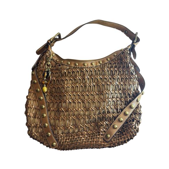 Vtg Kathy Van Zeeland Brown Boho Woven Oversized Bag Gold Purse Charms Y2k 90s - Picture 1 of 13